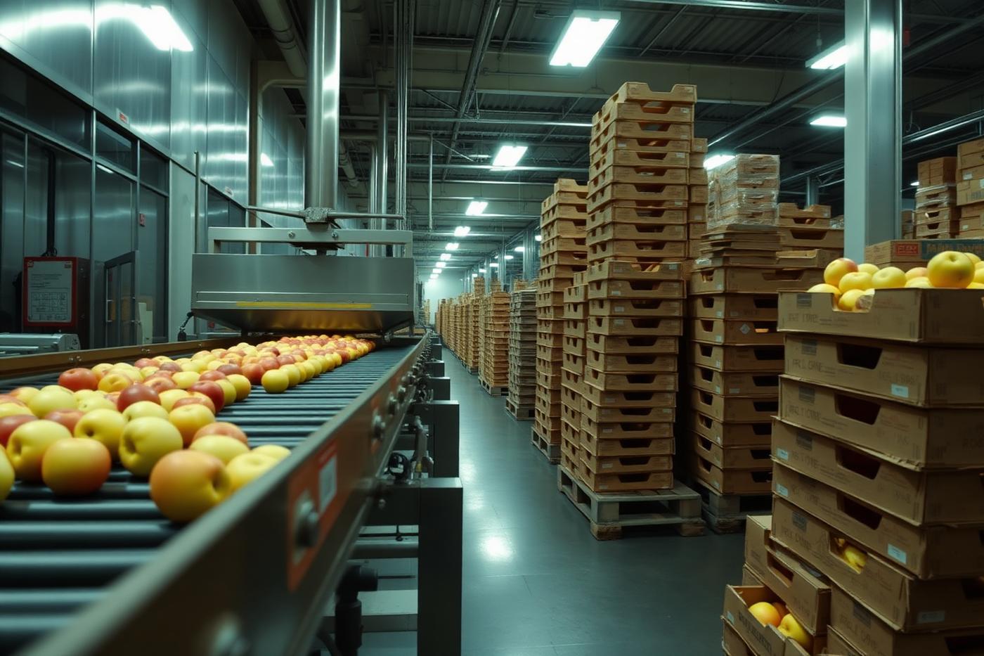 Apple grading line and stacked cartons inside an export packhouse