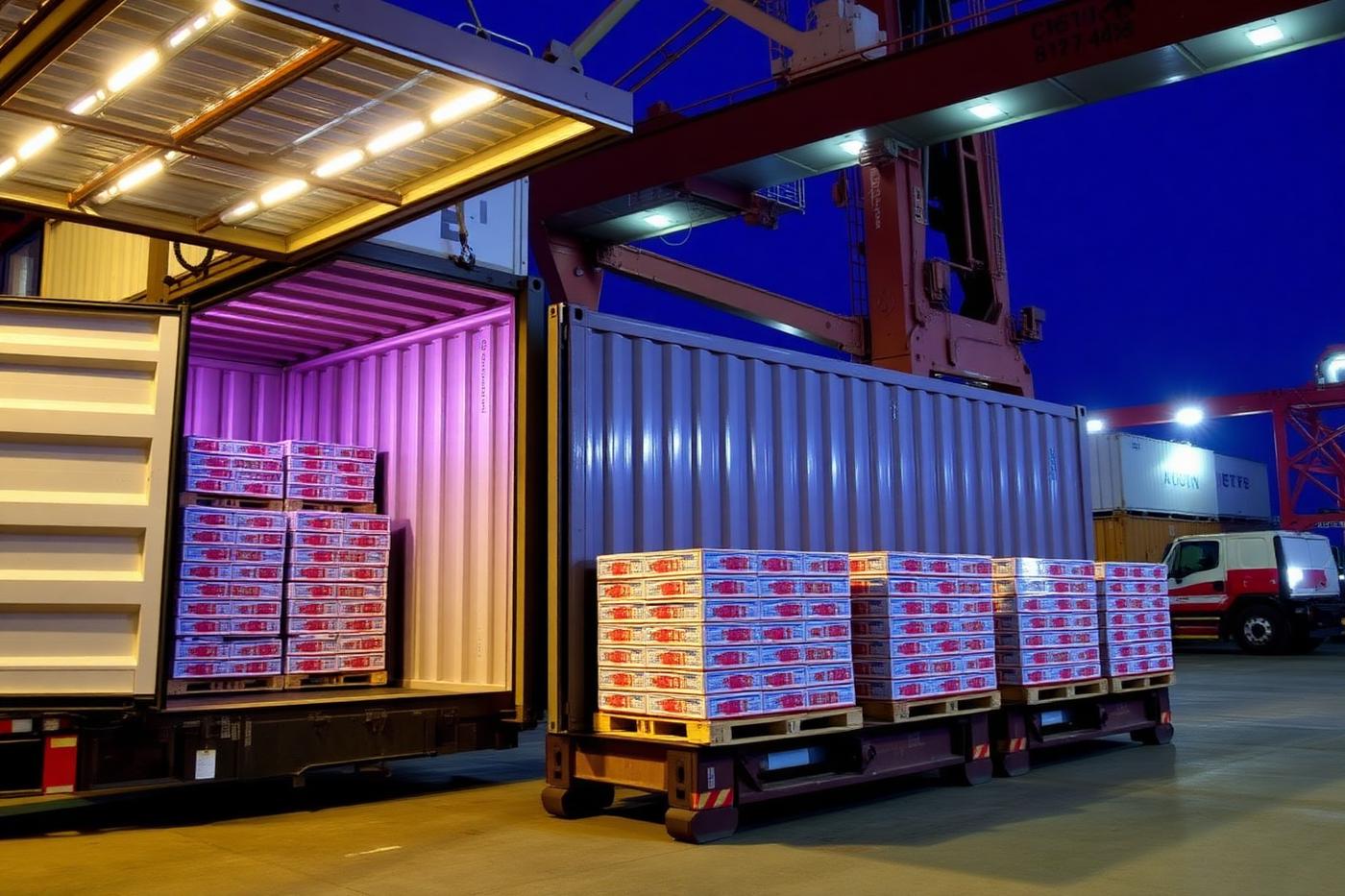 Palletised fruit cartons being loaded into refrigerated containers at a port